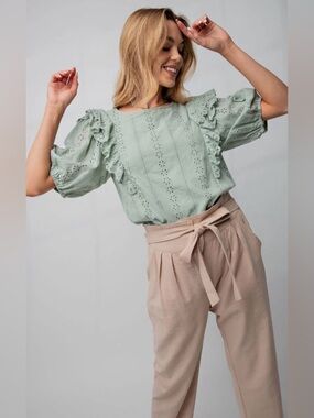NWT Easel Whimsy Eyelet Lace ruffle sleeve short sleeve top sz M